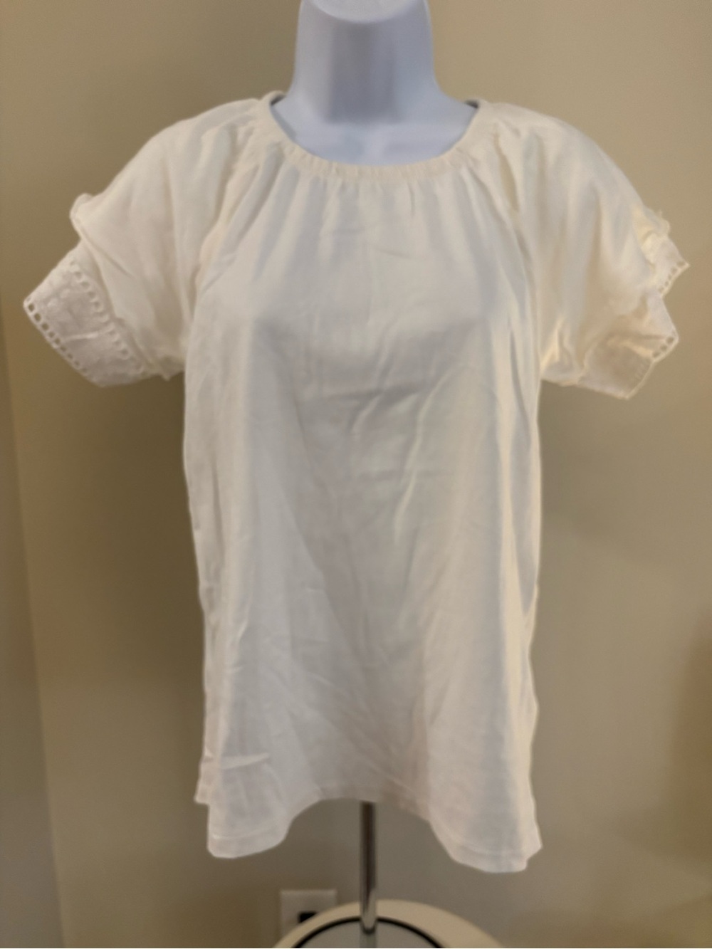 Girls' Cream Short Sleeve Eyelet Trim Top